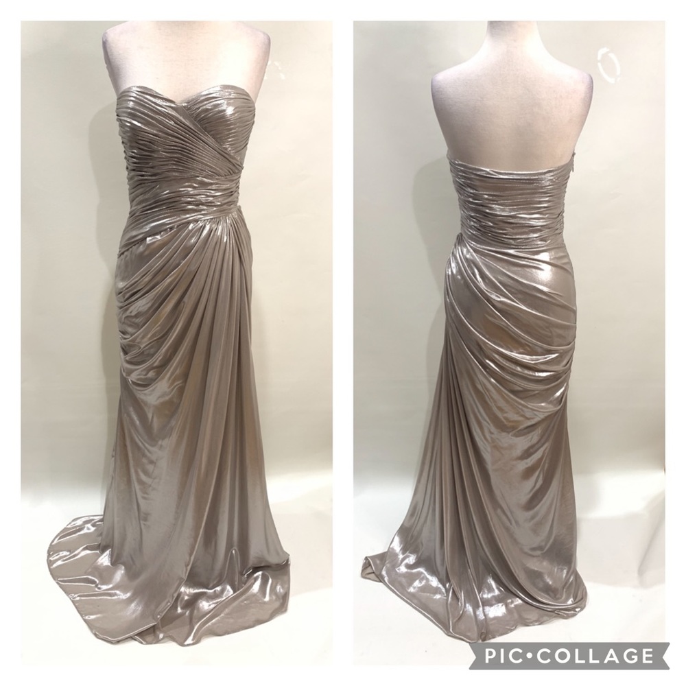 Adrianna Papell Metallic Taupe Strapless Ruched Maxi Gown